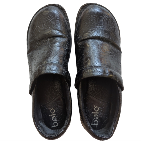 Bolo Etched Tooled Embossed Clog Wedge Nursing Shoes 9 Black - Picture 8 of 16